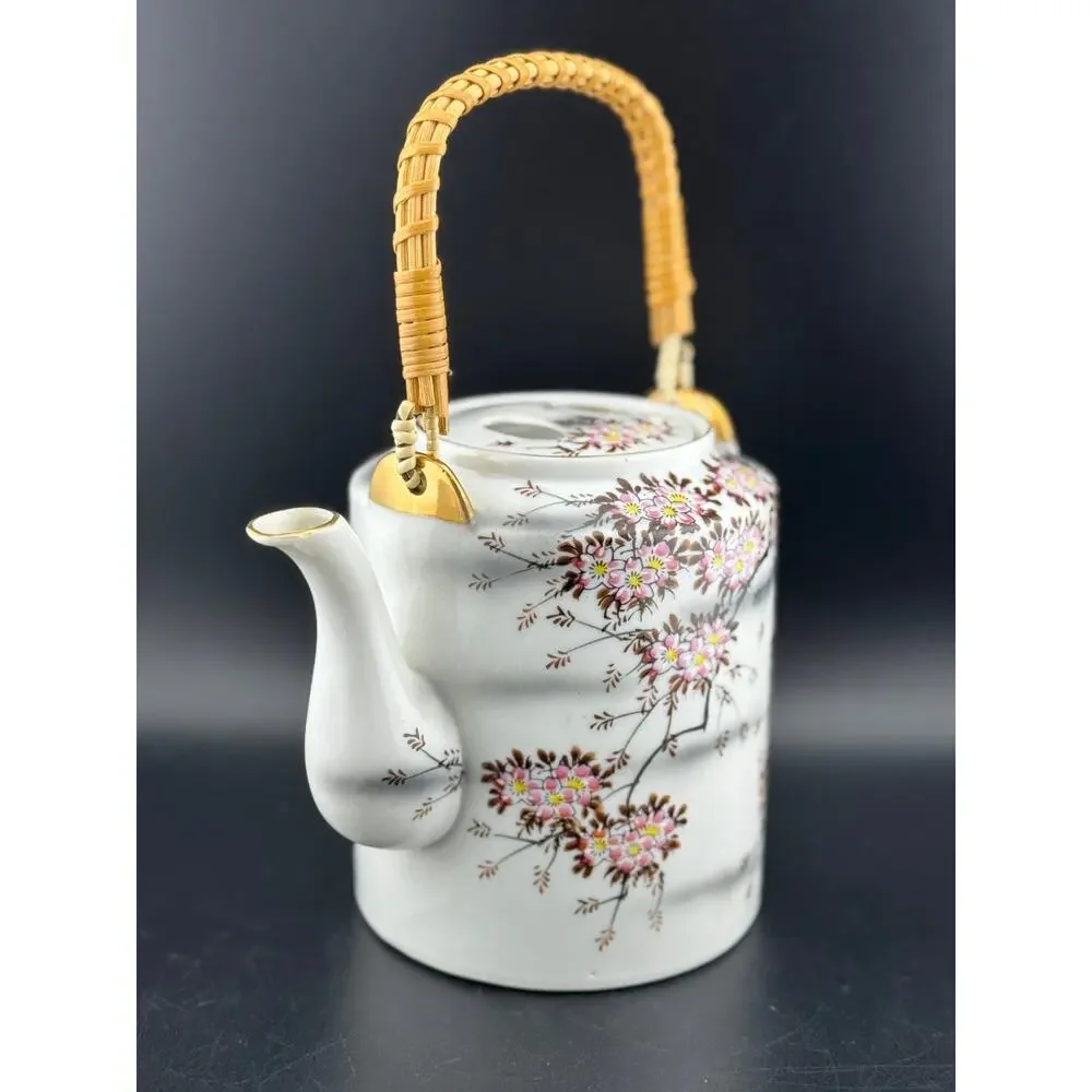 Japanese Cherry Blossom Teapot with Rattan Handle